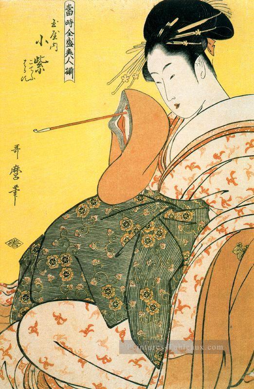 Komurji de la Tamaya avec pipe en main Kitagawa Utamaro ukiyo e Bijin GA Peintures à l'huile